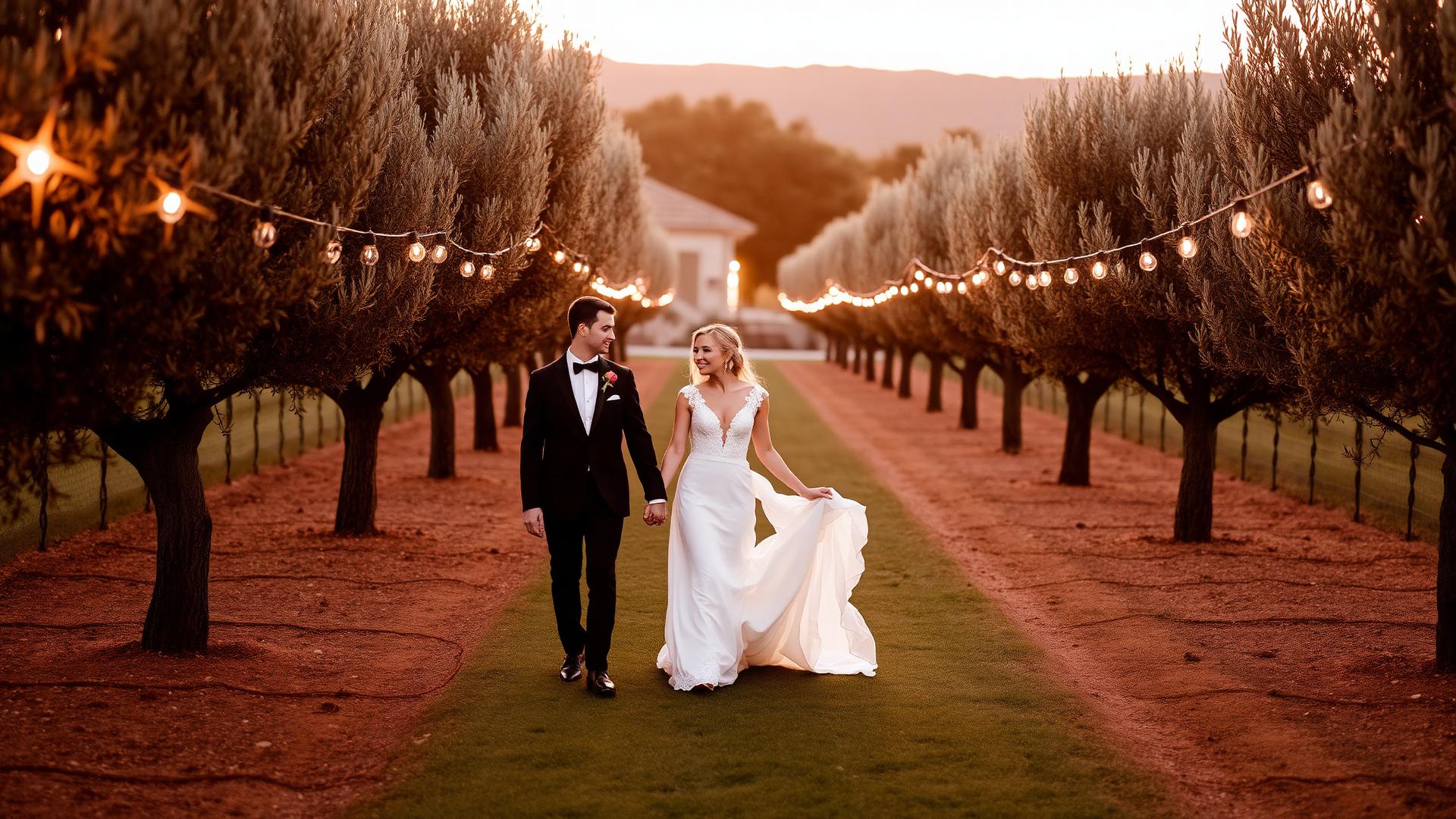 Casal em jardim de oliveiras
